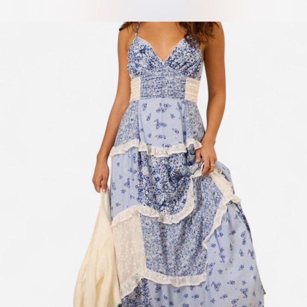 Altar'd State Blue and Cream Patchwork Maxi Dress - image 1
